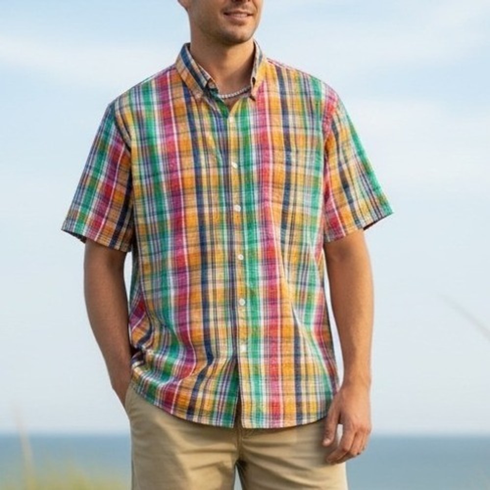 Scandia Woods Mens‎ Large Plaid Short Sleeve Button Down Shirt Cotton Madras